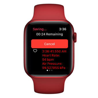 Apple Watch shape with red heart logo and grey heartbeat line