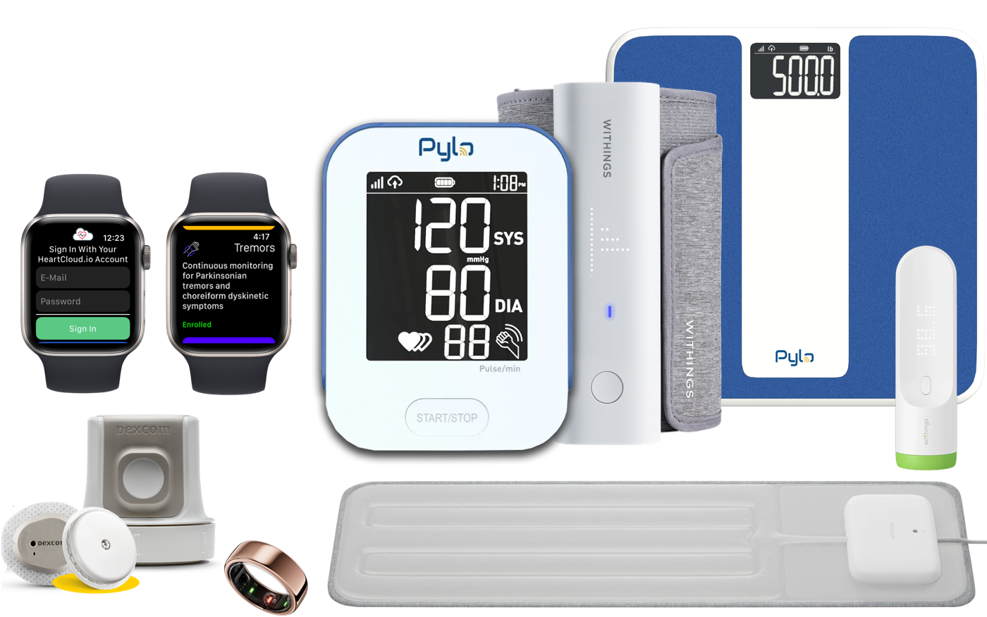 Digital health devices: (1) Apple Watch: Two (2) Apple Watches, one running the HeartCloud Sync for Apple Watch app login view (vertically: the HeartCloud logo, e-mail and password input fields, green "Sign In" button), the other showing the Parkinsonian tremor and dyskinesia monitoring features on a view within the HeartCloud Sync for Apple Watch app; (2) Blood pressure cuffs: one Withings BPM Connect Pro and one Pylo PY-802-LTE (both 4G cellular-enabled); (3) Weight scale: one Pylo PY-300-LTE weights scale (blue with a curved white bar in its center; TBD finish."