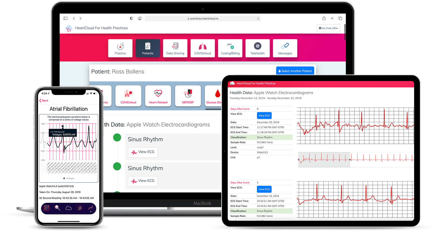 iPhone, MacBook Air, iPad Pro showing medication features for HeartCloud.io, HeartCloud Sync, and HeartCloud For Health Practices