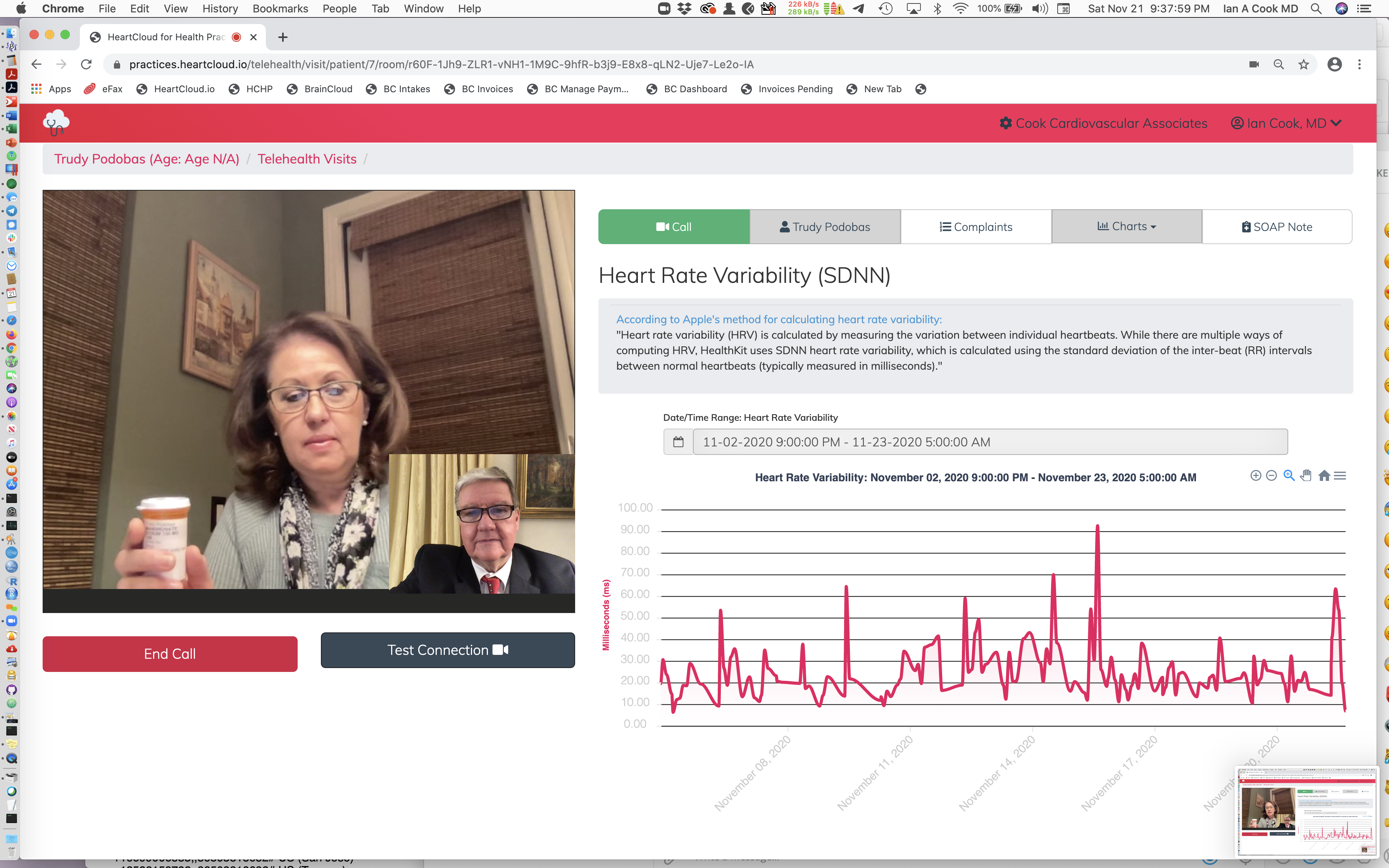 Screenshot of HeartCloud telehealth communication: audio+video+Apple Health data