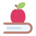 Red apple with green leaf stacked on 3 books (dark gray cover/binding with red bookmark icon, brown cover/binding, red cover/binding)