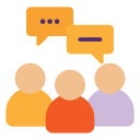 3 user icons (yellow, orange-ish red, and lilac) with yellow chat boxes above the first and third icons from left, respectively