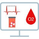 Screen with red blood drop with white O2 text, prescription pill bottle, and red-pink ECG line