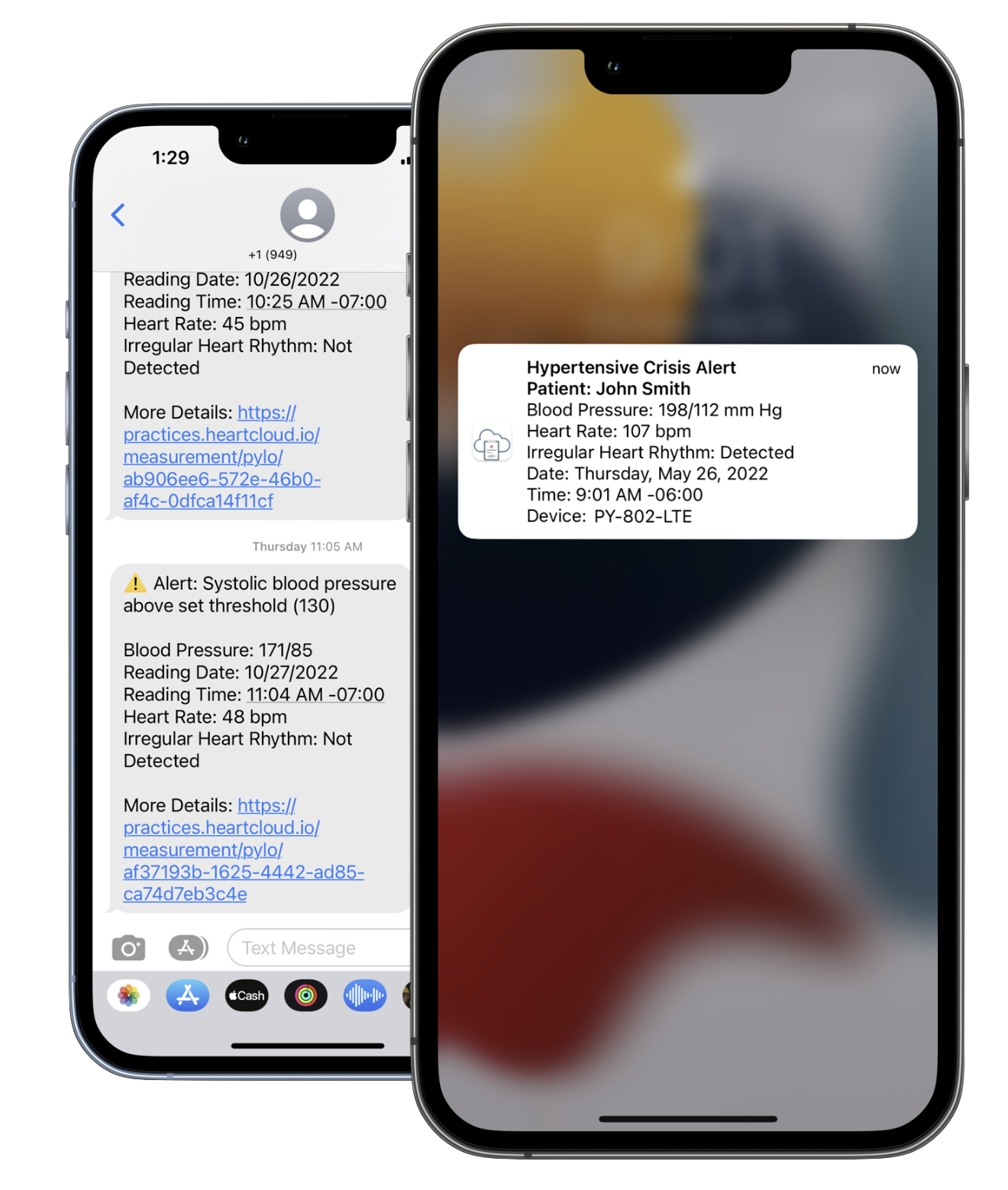 Notifications on two separate iPhones, one an SMS text message regarding hypertensive crisis blood pressure reading from a 4G cellular-enabled Pylo PY-802-LTE blood pressure cuff and the other an Apple Push Notification Service alert about a low blood oxygen reading sourced from an an Apple Watch
