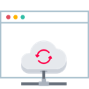 Blank white background web browser on a Mac with two red syncing arrows in a cloud connected to a gray split Internet cable